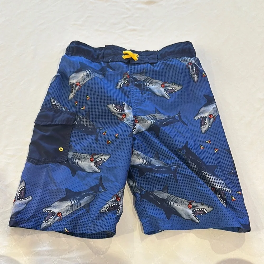 Cat &‎ Jack boys Shark Print Blue Swim trunks board Shorts large 10 / 12 EUC